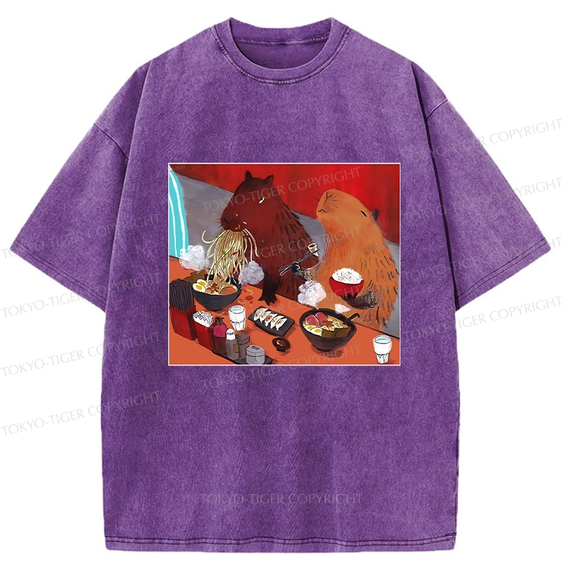 Tokyo-Tiger Ramen Lovers Capybara Funny Washed T-Shirt