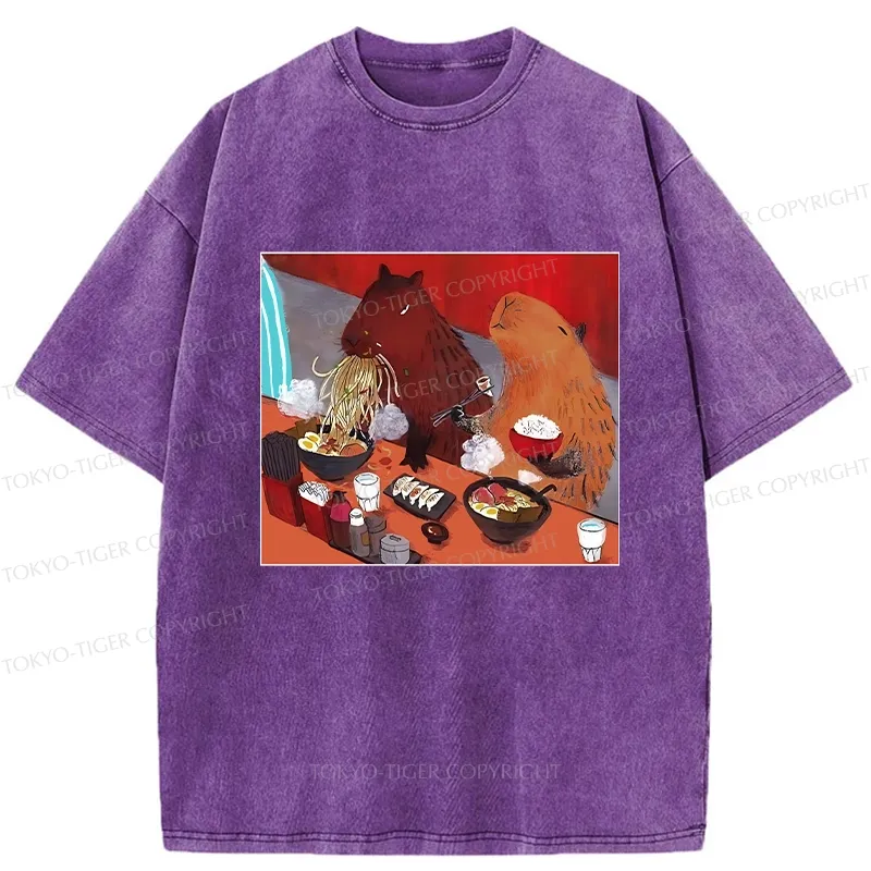 Tokyo-Tiger Ramen Lovers Capybara Funny Washed T-Shirt