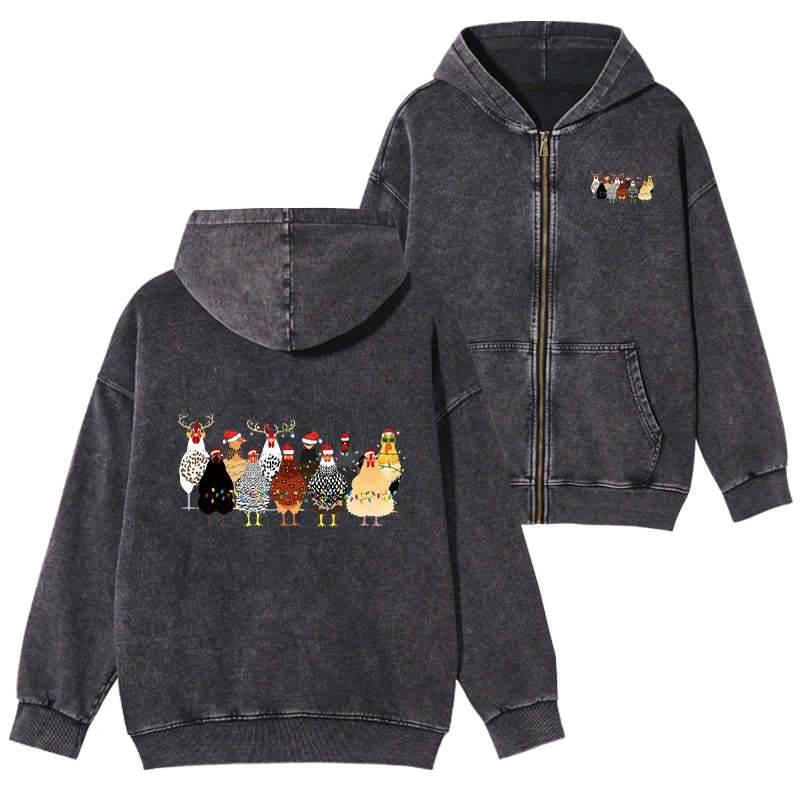 Tokyo-Tiger A Flock Of Christmas Chickens Washed Zip Hoodie-tokyo-tiger