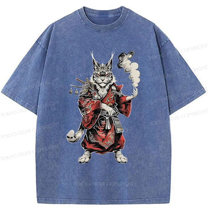 Tokyo-Tiger Fierce Cat Japanese Samurai Washed T-Shirt