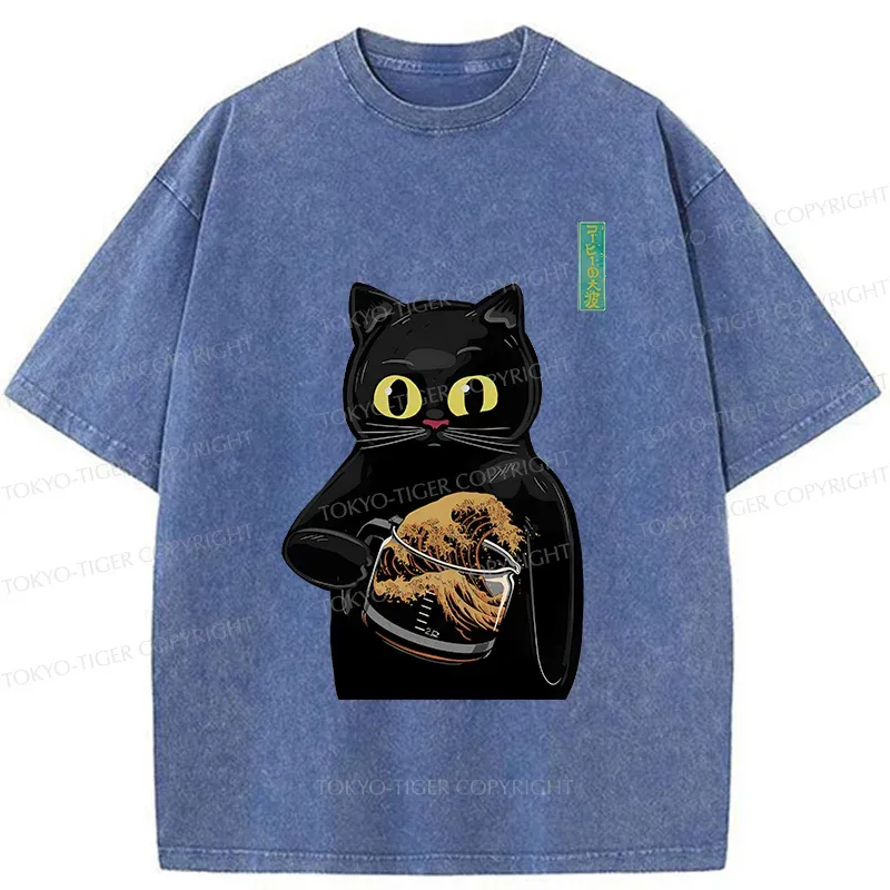 Tokyo-Tiger Black Cat Holding Coffee Washed T-Shirt
