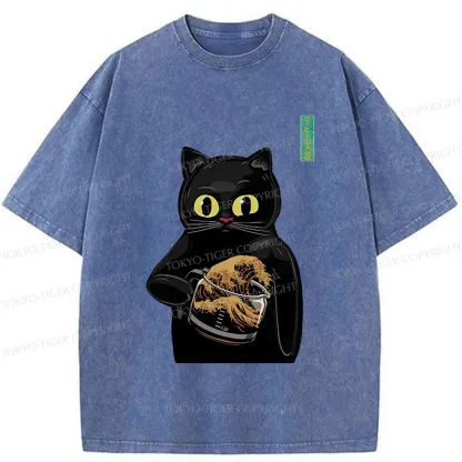 Tokyo-Tiger Black Cat Holding Coffee Washed T-Shirt