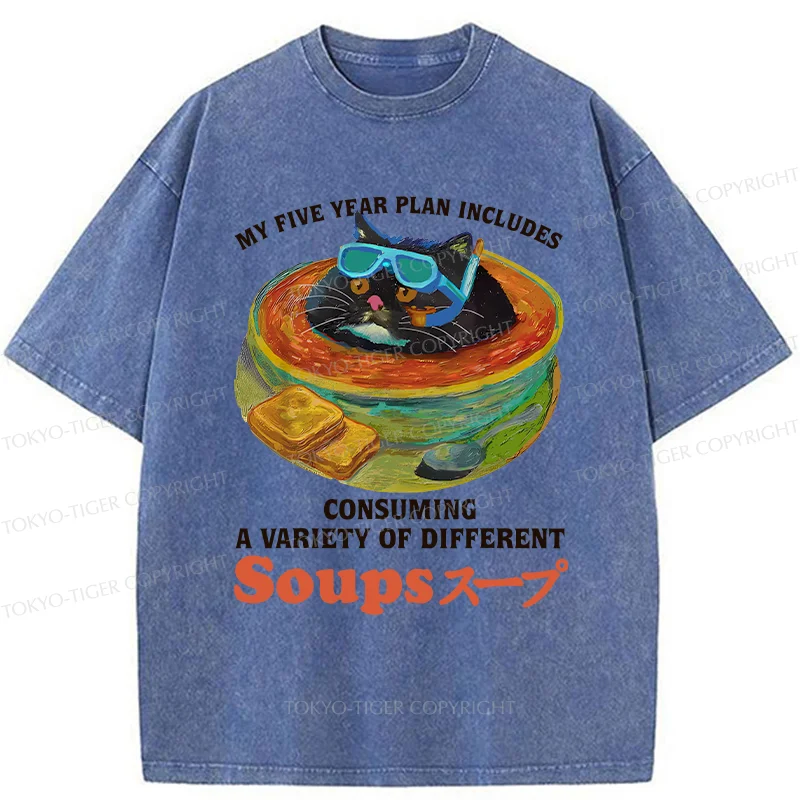 Tokyo-Tiger Cat Drinking Soup Washed T-Shirt