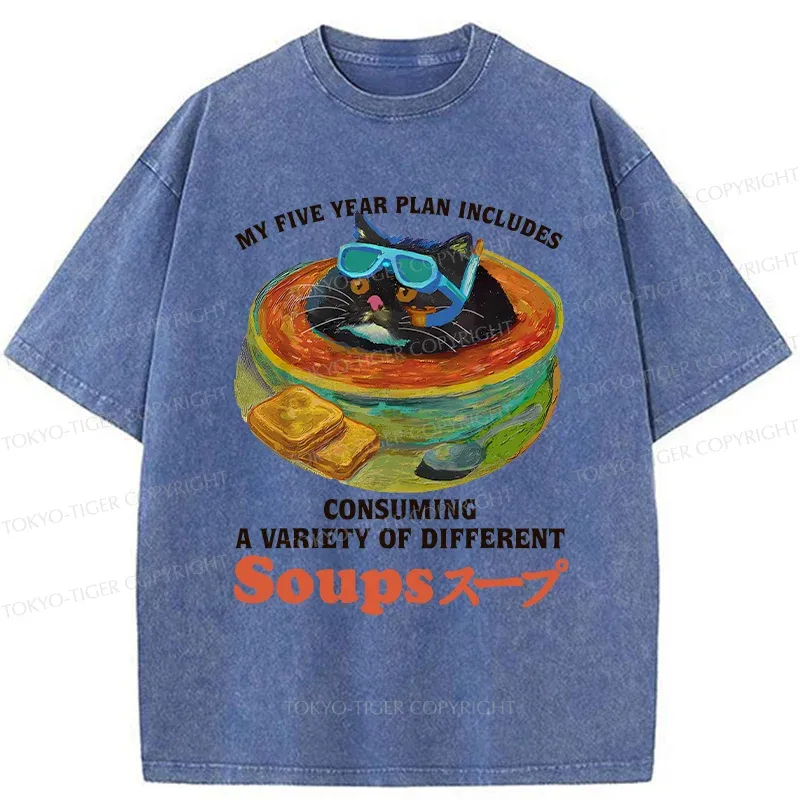 Tokyo-Tiger Cat Drinking Soup Washed T-Shirt
