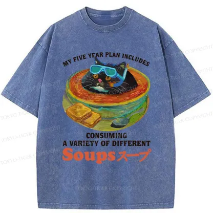 Tokyo-Tiger Cat Drinking Soup Washed T-Shirt