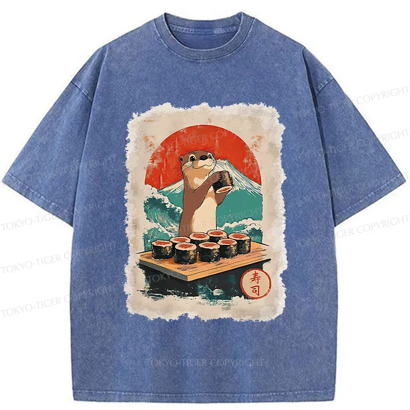 Tokyo-Tiger Otter Eating Sushi Washed T-Shirt
