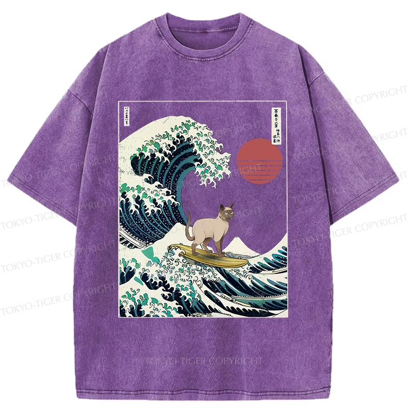 Tokyo-Tiger Siamese Cat Surfing Washed T-Shirt