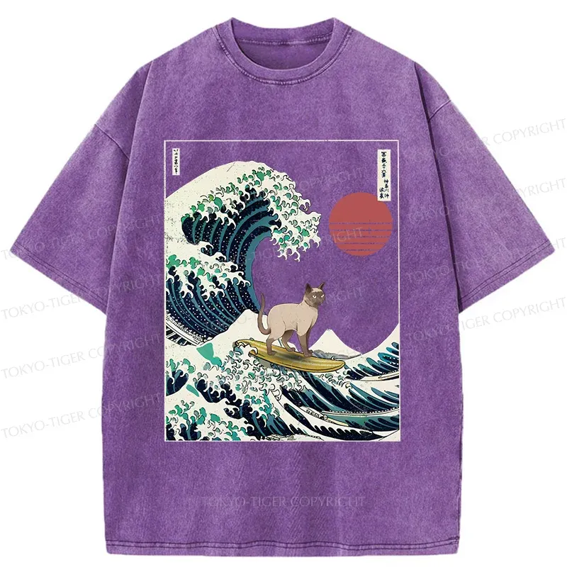Tokyo-Tiger Siamese Cat Surfing Washed T-Shirt