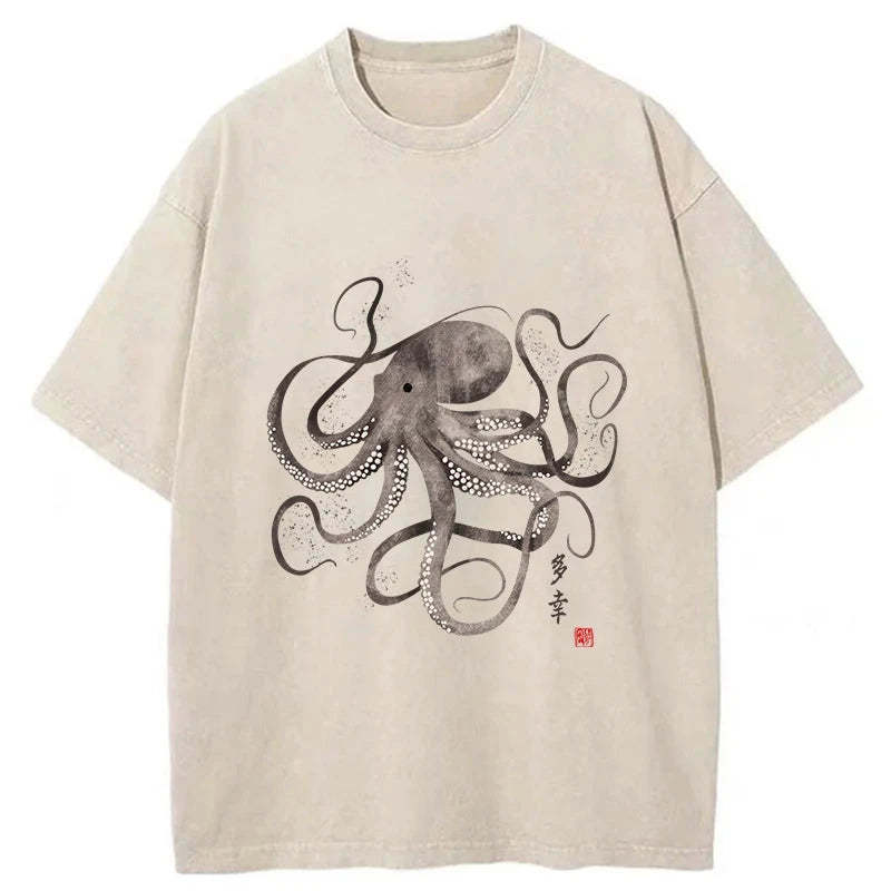 Tokyo-Tiger Octopus Japanese Calligraphy Washed T-Shirt