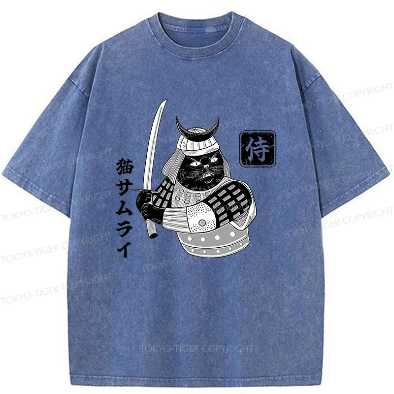 Tokyo-Tiger Cat Samurai With Sword Washed T-Shirt