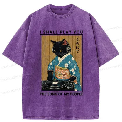 Tokyo-Tiger Funny Playing Music Black Cat Washed T-Shirt