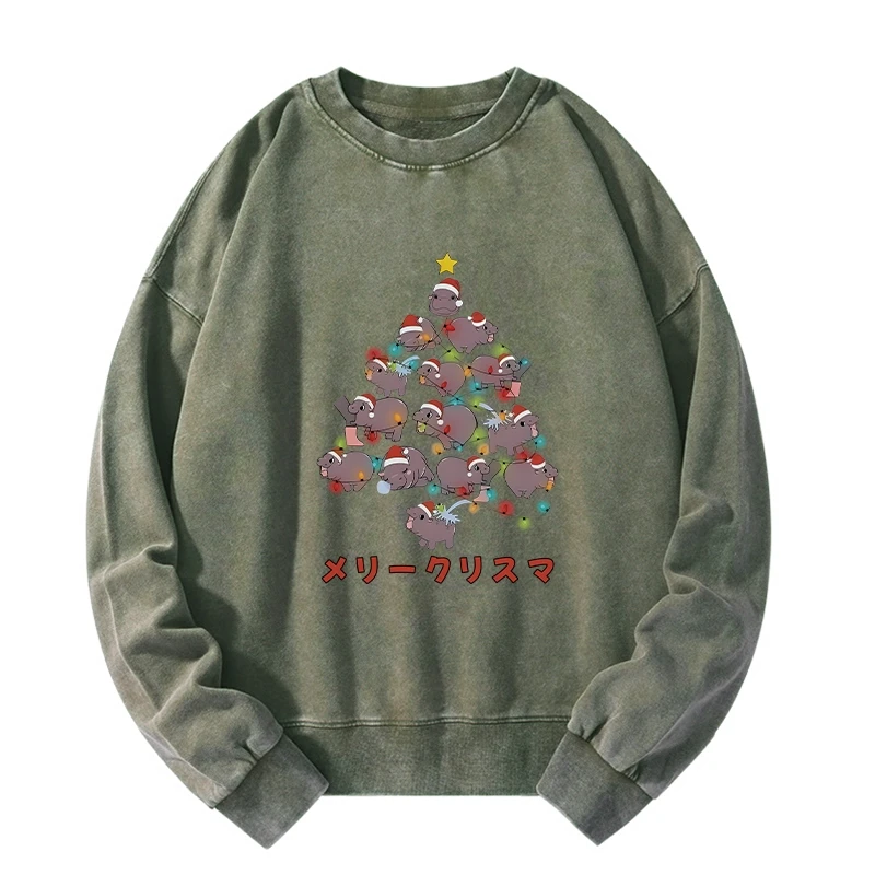 Tokyo-Tiger Moo Deng Christmas Tree Japanese Washed Sweatshirt