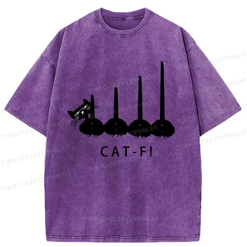 Tokyo-Tiger Funny CAT-FI Washed T-Shirt