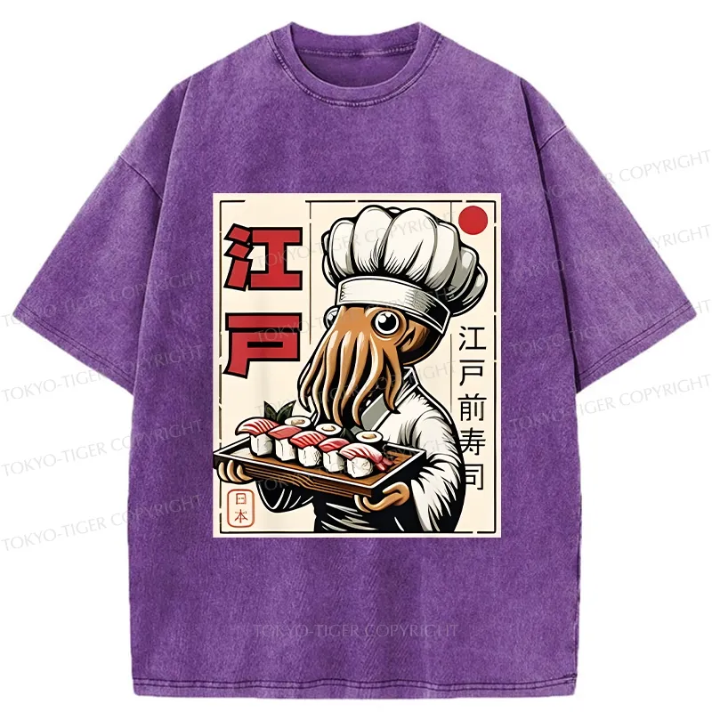 Tokyo-Tiger Octopus Chef Making Sushi Washed T-Shirt Sale