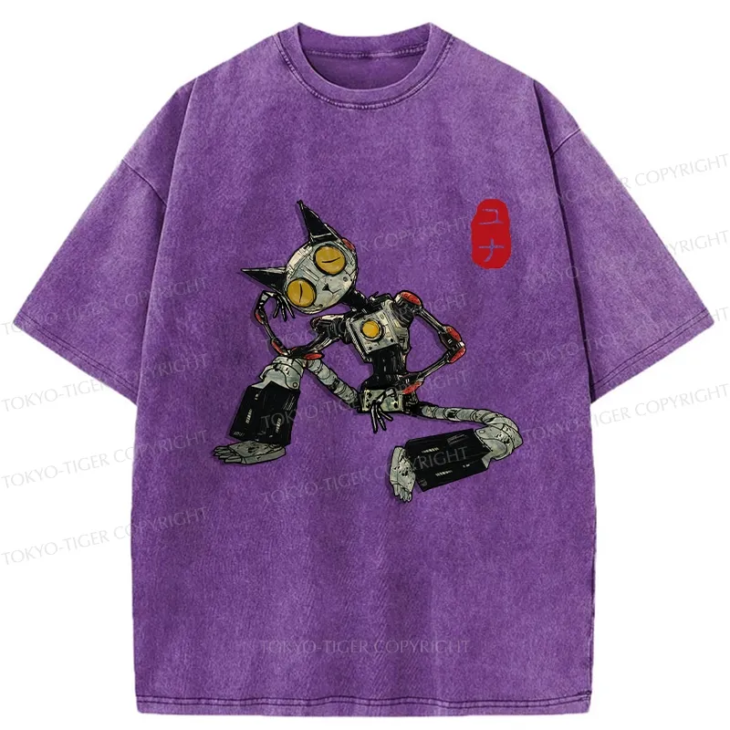 Tokyo-Tiger Contemplative Robot Cat Washed T-Shirt