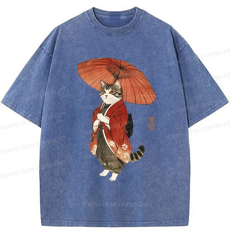 Tokyo-Tiger Elegant Cat Holding Umbrella Washed T-Shirt