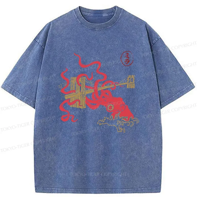 Tokyo-Tiger Giant Octopus Brooklyn Bridge Washed T-Shirt