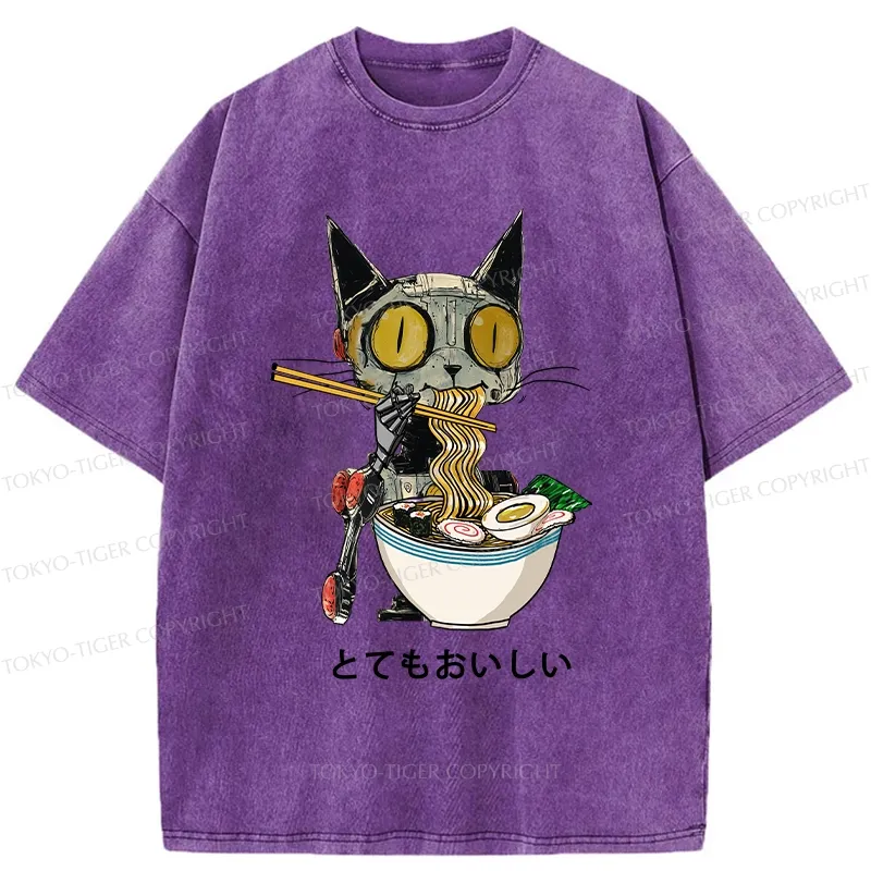 Tokyo-Tiger Ramen Lover Robot Cat Washed T-Shirt