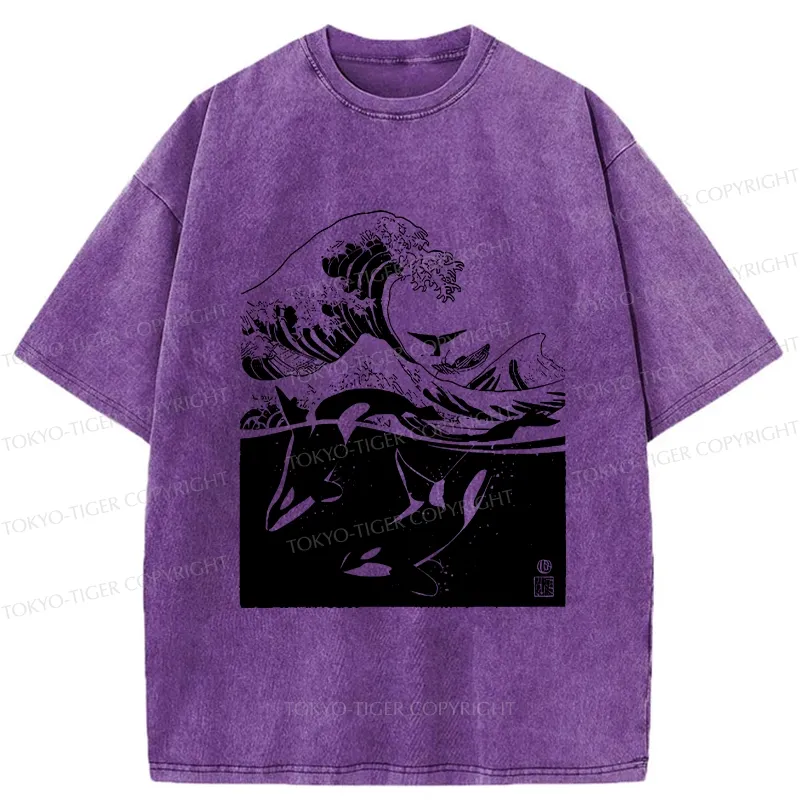 Tokyo-Tiger Whales In The Great Waves Washed T-Shirt
