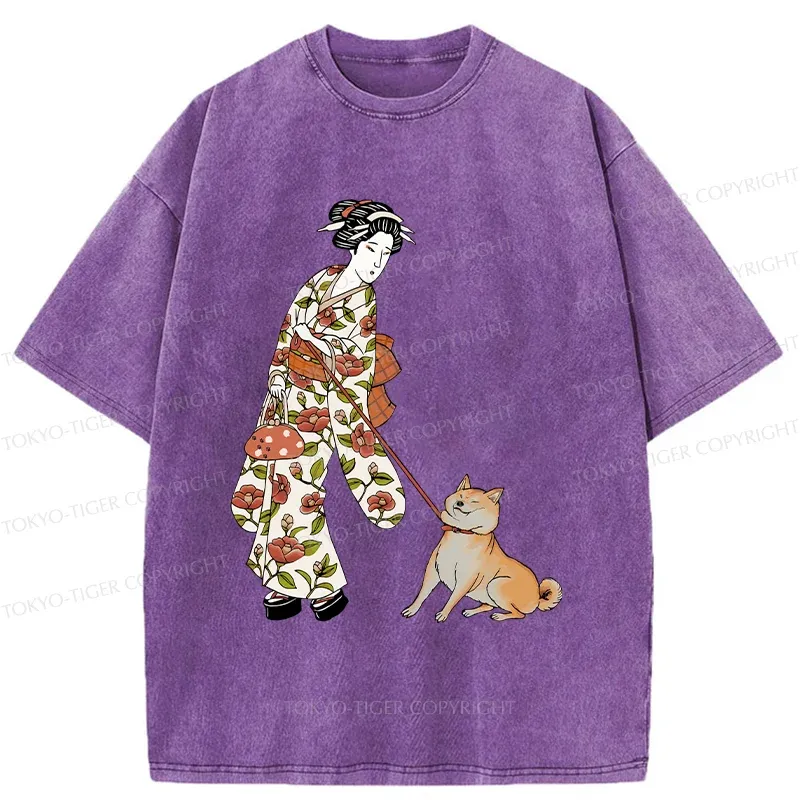 Tokyo-Tiger Geisha Walking Her Dog Washed T-Shirt
