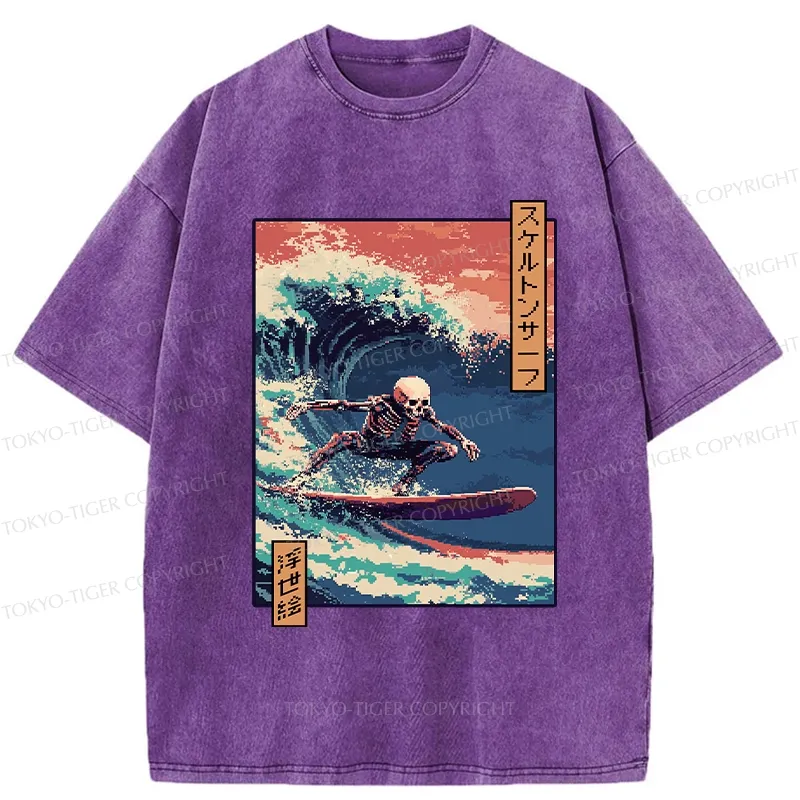 Tokyo-Tiger Skeleton Surfing Washed T-Shirt Sale