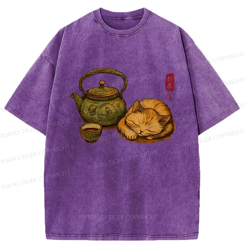 Tokyo-Tiger Tea Ceremony With Cat Washed T-Shirt Sale