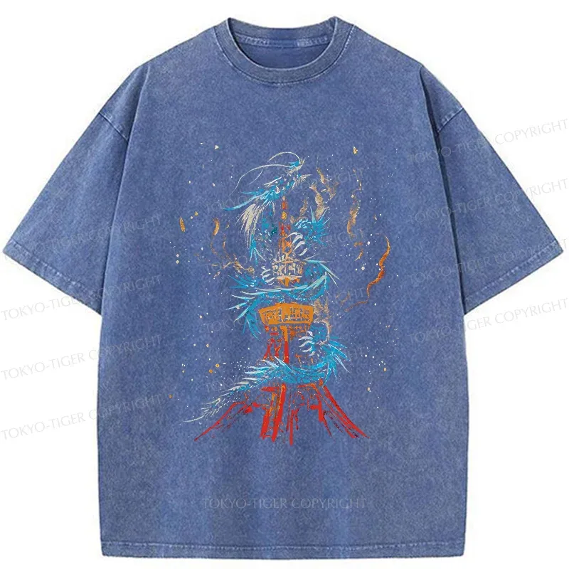 Tokyo-Tiger Dragon And Tokyo Tower Washed T-Shirt