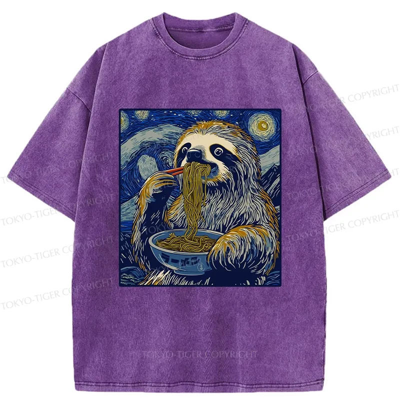 Tokyo-Tiger Ramen Lover Cute Sloth Washed T-Shirt