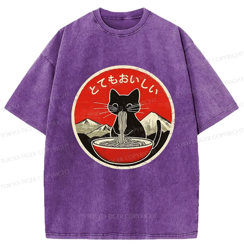Tokyo-Tiger Cat Eating Yummy Ramen Washed T-Shirt
