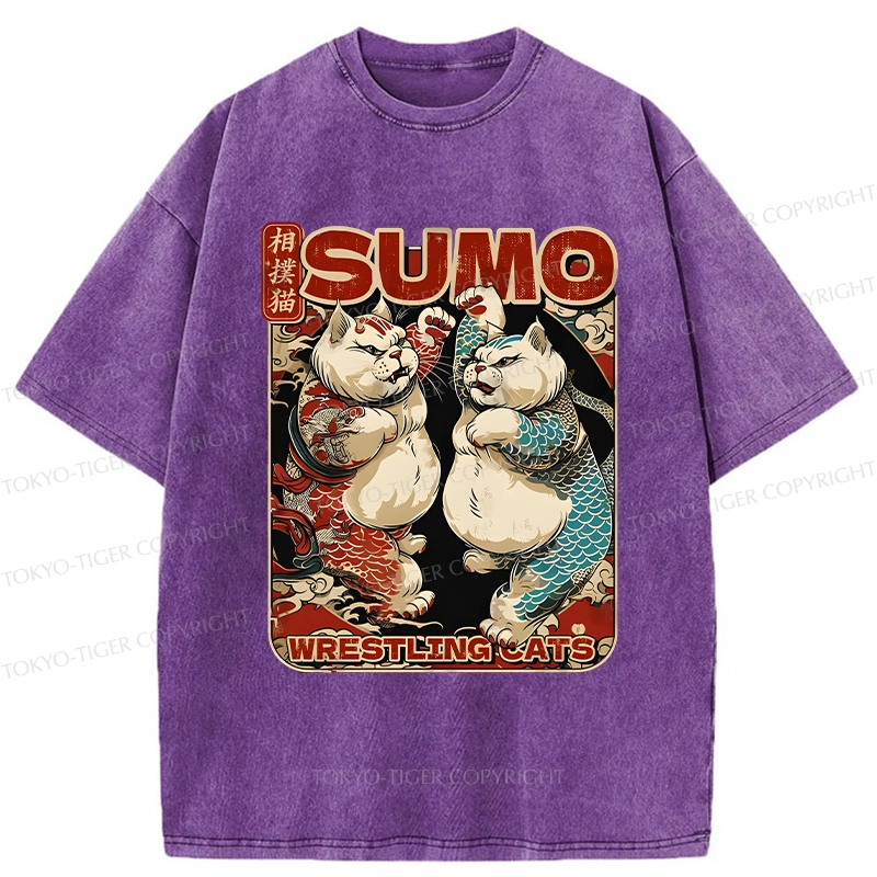 Tokyo-Tiger Wrestling Sumo Cats Washed T-Shirt