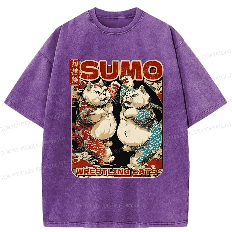 Tokyo-Tiger Wrestling Sumo Cats Washed T-Shirt