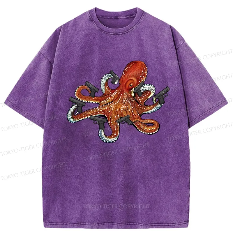 Tokyo-Tiger Funny Octopus With Guns Washed T-Shirt Sale