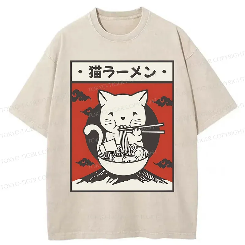 Tokyo-Tiger Retro White Cat Eating Ramen Washed T-Shirt