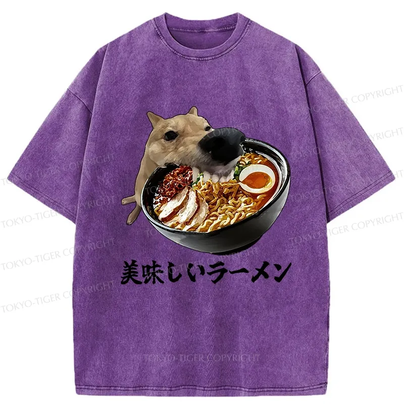Tokyo-Tiger Funny Ramen Lover Dog Washed T-Shirt