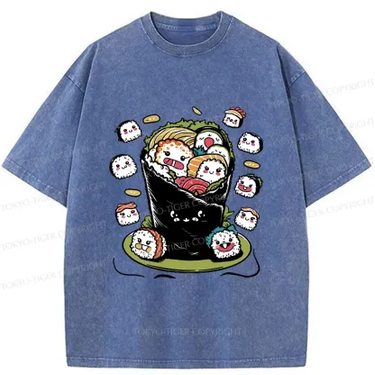 Tokyo-Tiger Sushi Burrito Funny Washed T-Shirt