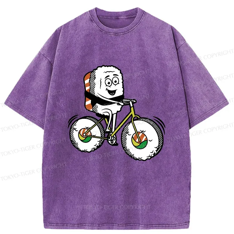Tokyo-Tiger Cute Sushi Riding A Bicycle Washed T-Shirt