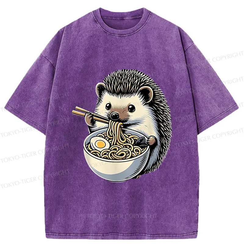 Tokyo-Tiger Hedgehog Eat Ramen Kawaii Washed T-Shirt