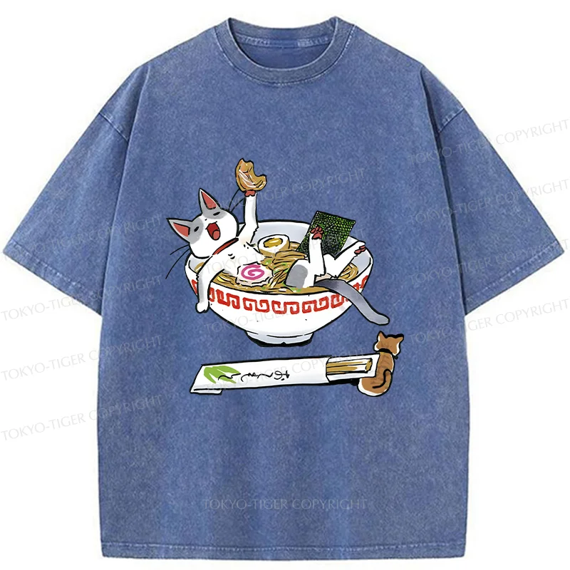 Tokyo-Tiger Cute Cat Ramen Washed T-Shirt