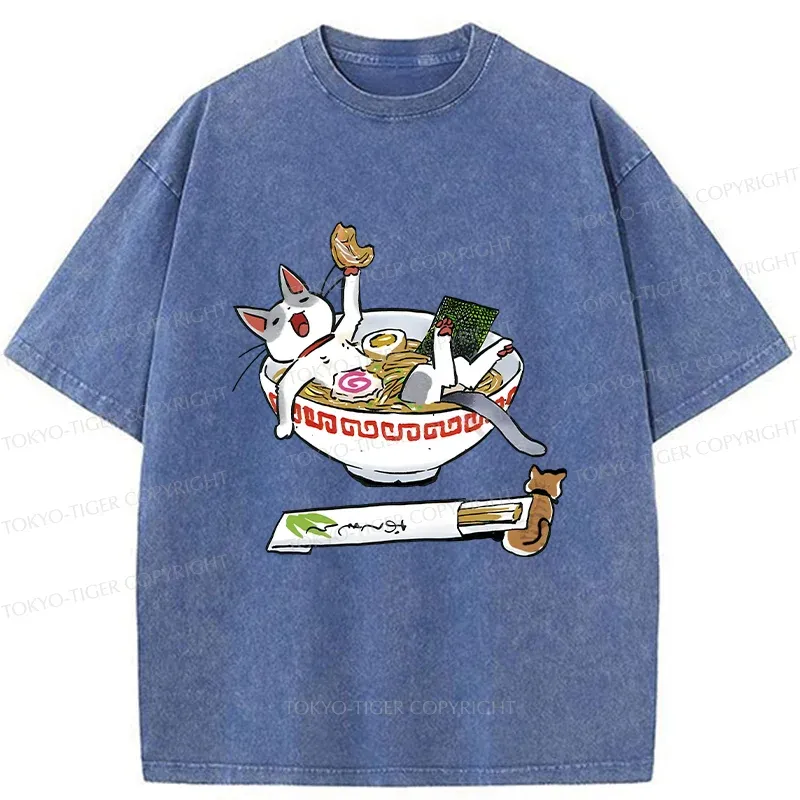 Tokyo-Tiger Cute Cat Ramen Washed T-Shirt