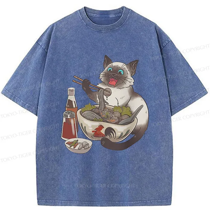 Tokyo-Tiger Siamese Cat Eating Ramen Washed T-Shirt