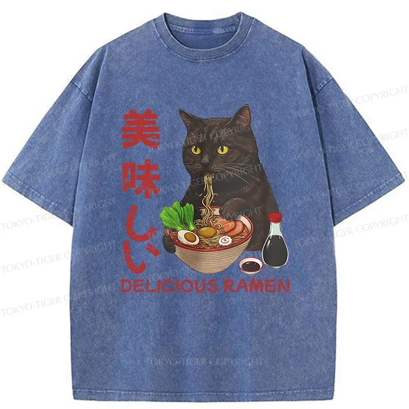 Tokyo-Tiger Black Cat Eating Delicious Ramen Washed T-Shirt
