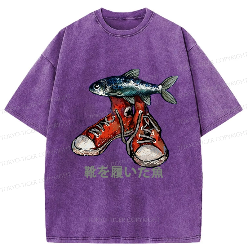 Tokyo-Tiger Fish Wearing Shoes Washed T-Shirt