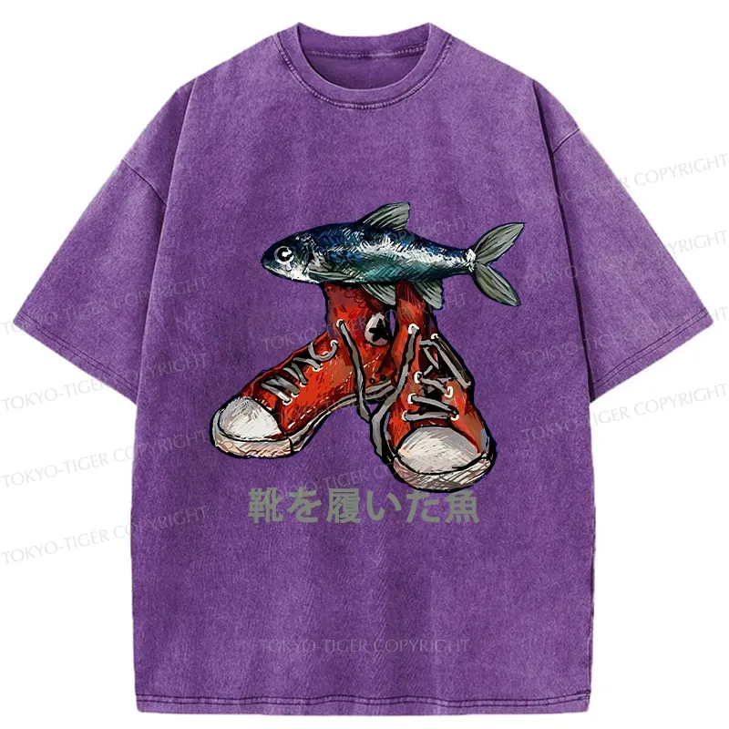 Tokyo-Tiger Fish Wearing Shoes Washed T-Shirt