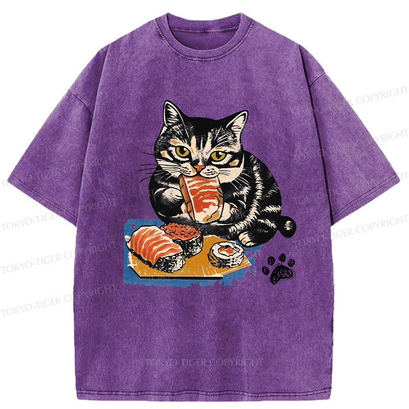 Tokyo-Tiger Sashimi Lover Cat Washed T-Shirt