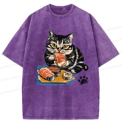 Tokyo-Tiger Sashimi Lover Cat Washed T-Shirt