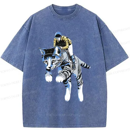 Tokyo-Tiger Cat Riding Skill Washed T-Shirt