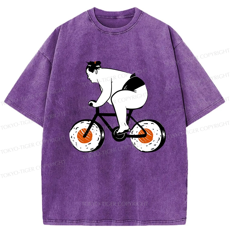 Tokyo-Tiger Sumo Riding A Sushi Bike Washed T-Shirt