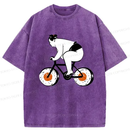 Tokyo-Tiger Sumo Riding A Sushi Bike Washed T-Shirt