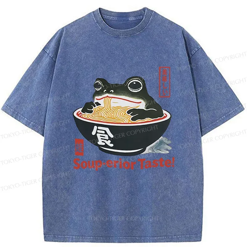 Tokyo-Tiger Retro Frog Eating Ramen Washed T-Shirt