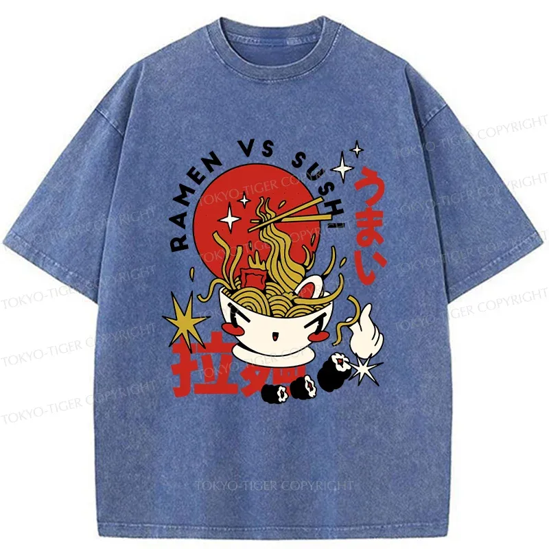 Tokyo-Tiger Retro Ramen And Sushi Washed T-Shirt